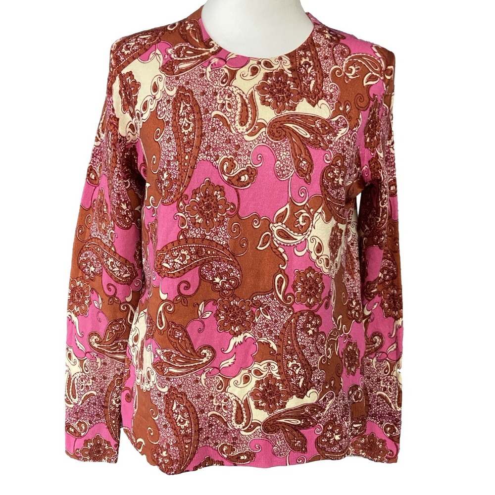 J.CREW Sweater Womens S Pink Merino Wool Paisley Floral Crewneck Pullover A3064